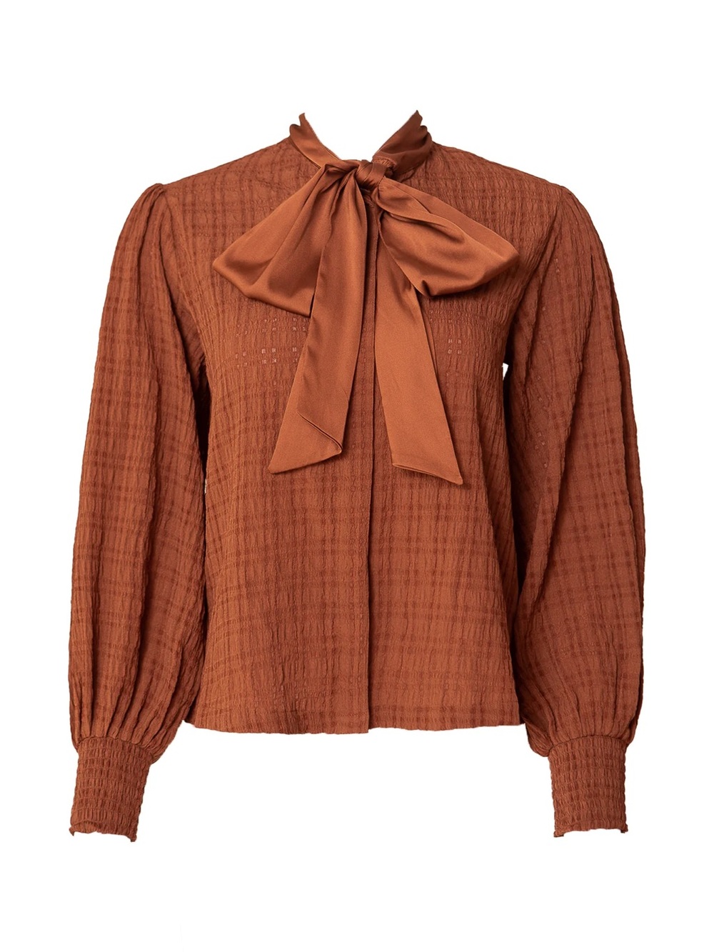 Ivy City Co Brown Tie-Neck Puff Sleeve Blouse